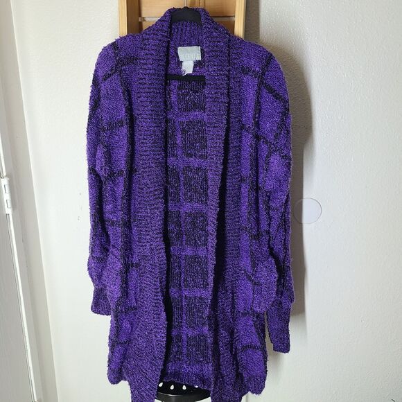 VINTAGE Cardigan BOUCLE Sweater size M Purple Oversized Plaid Pattern - Picture 1 of 3